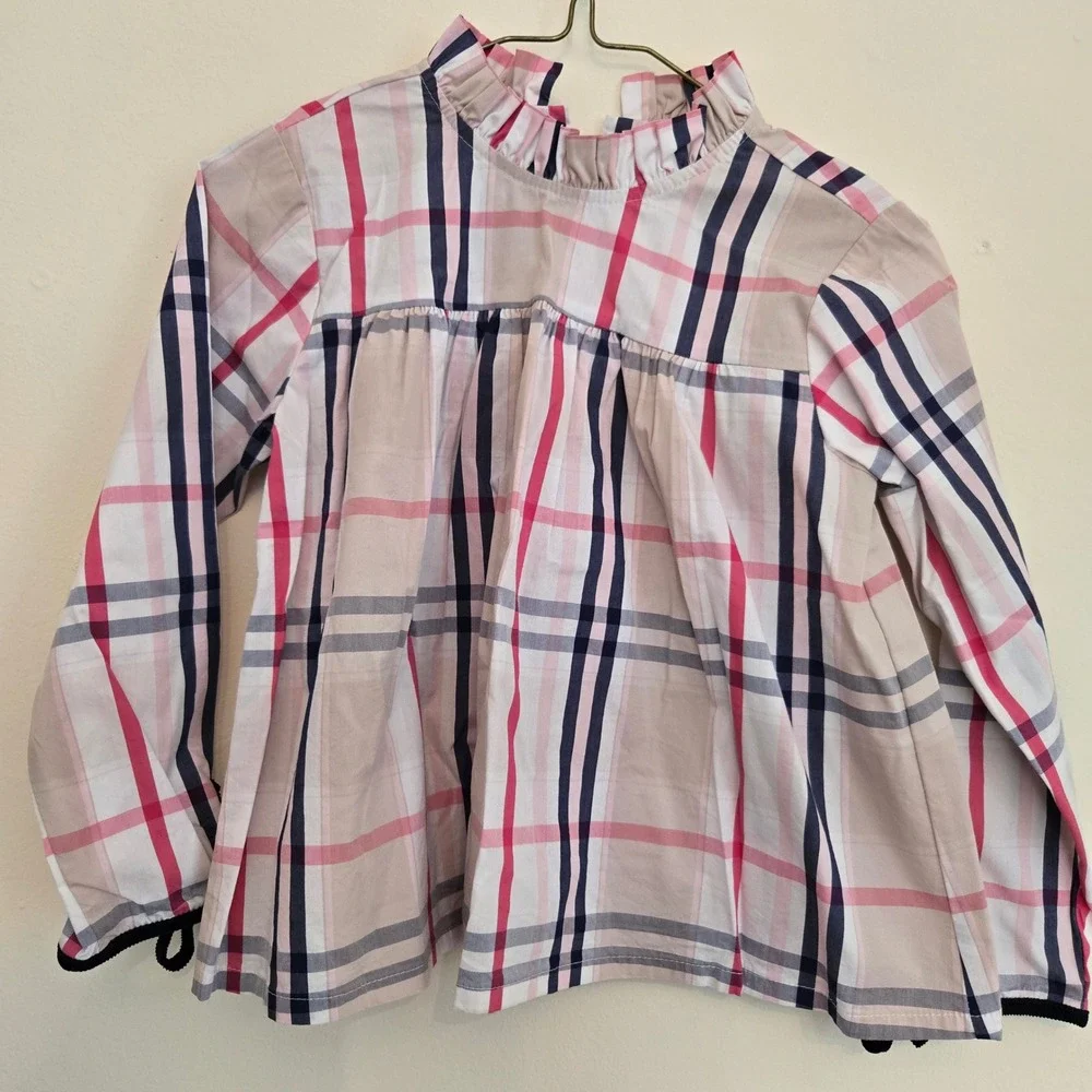 Bella Bliss Girls Pink Navy Plaid Ruffle Neck Babydoll Blouse Velvet Ties Size 6